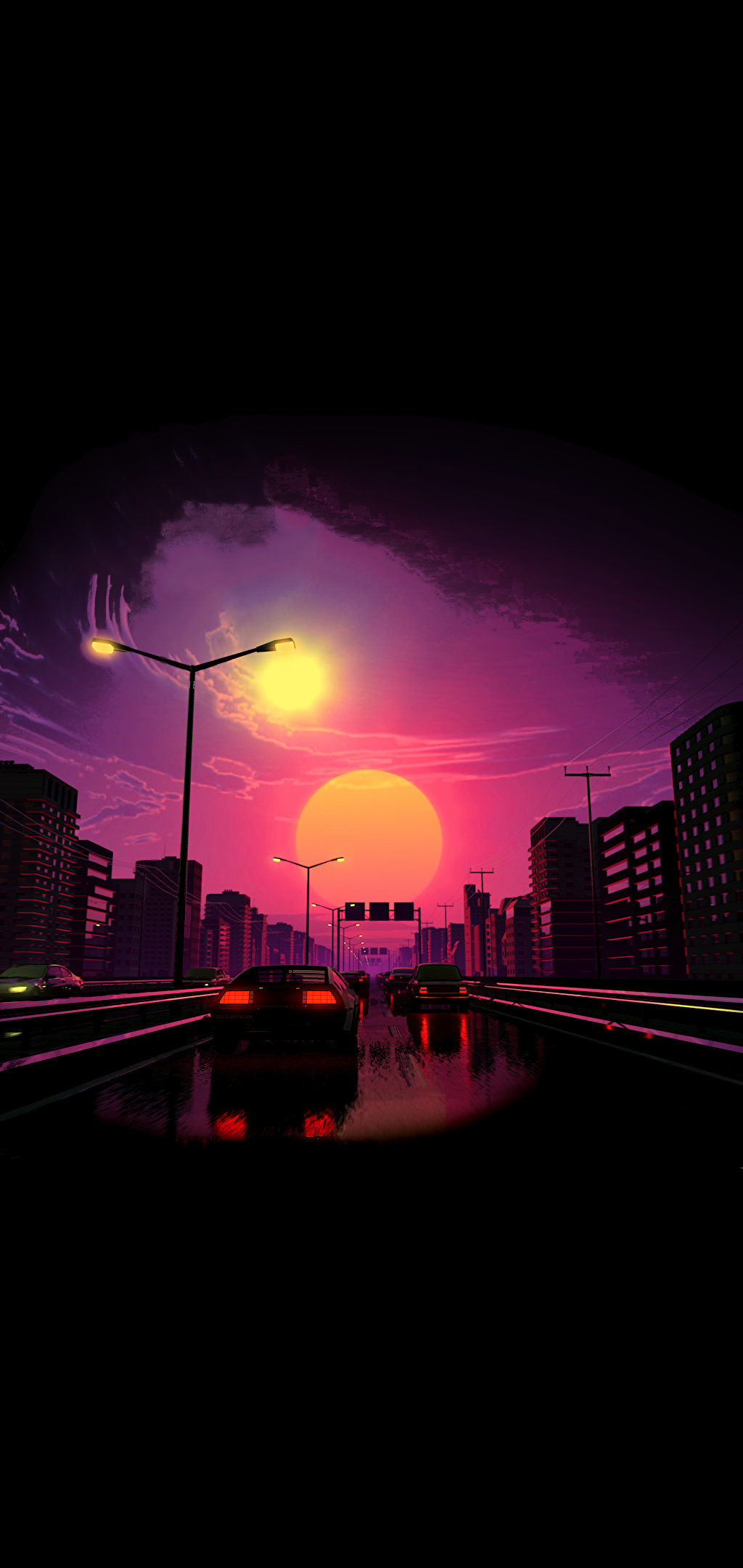 Retrowave, Stadt, Pink, Lila, Nacht, HD, Handy-Hintergrund im Hochformat