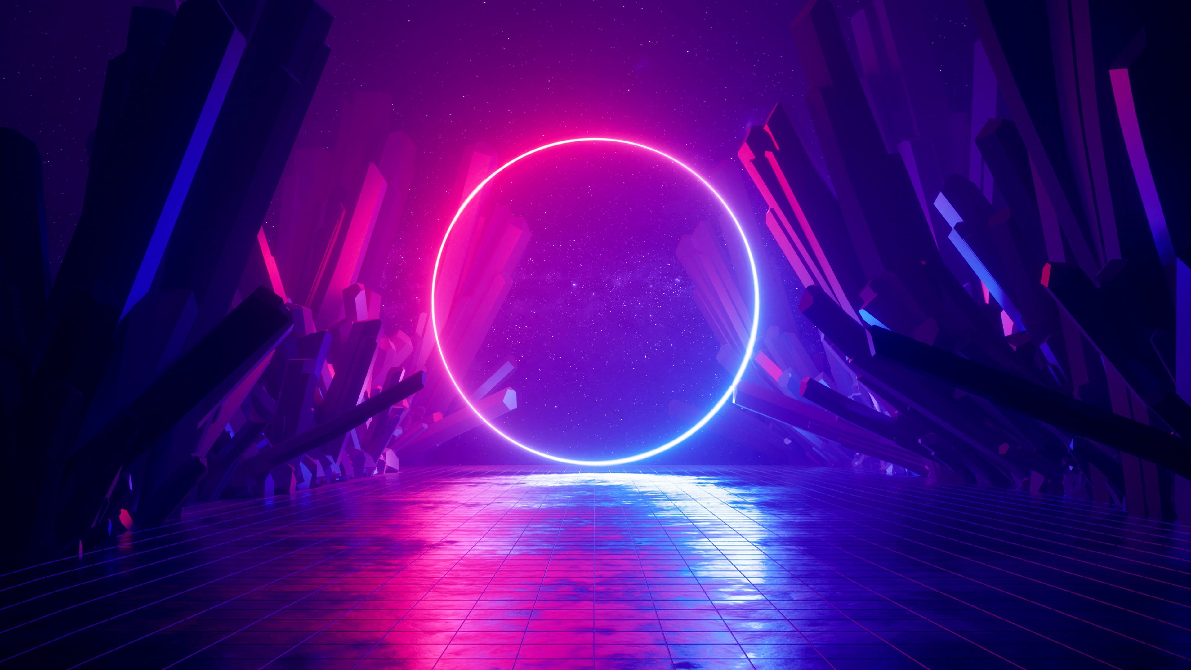 Neonring, Kreis, Lila, Pink, Spiegelung, Synthwave, 4K, Hintergrund für den Desktop