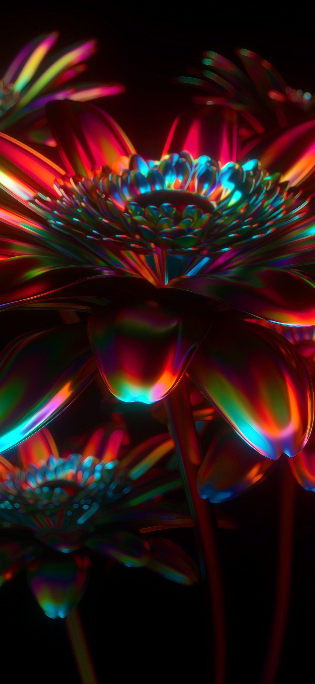 Blumen, Dunkel, Rot, Leuchtende Blüten, 3D-Grafik, Full HD, Hintergrundbild fürs Handy