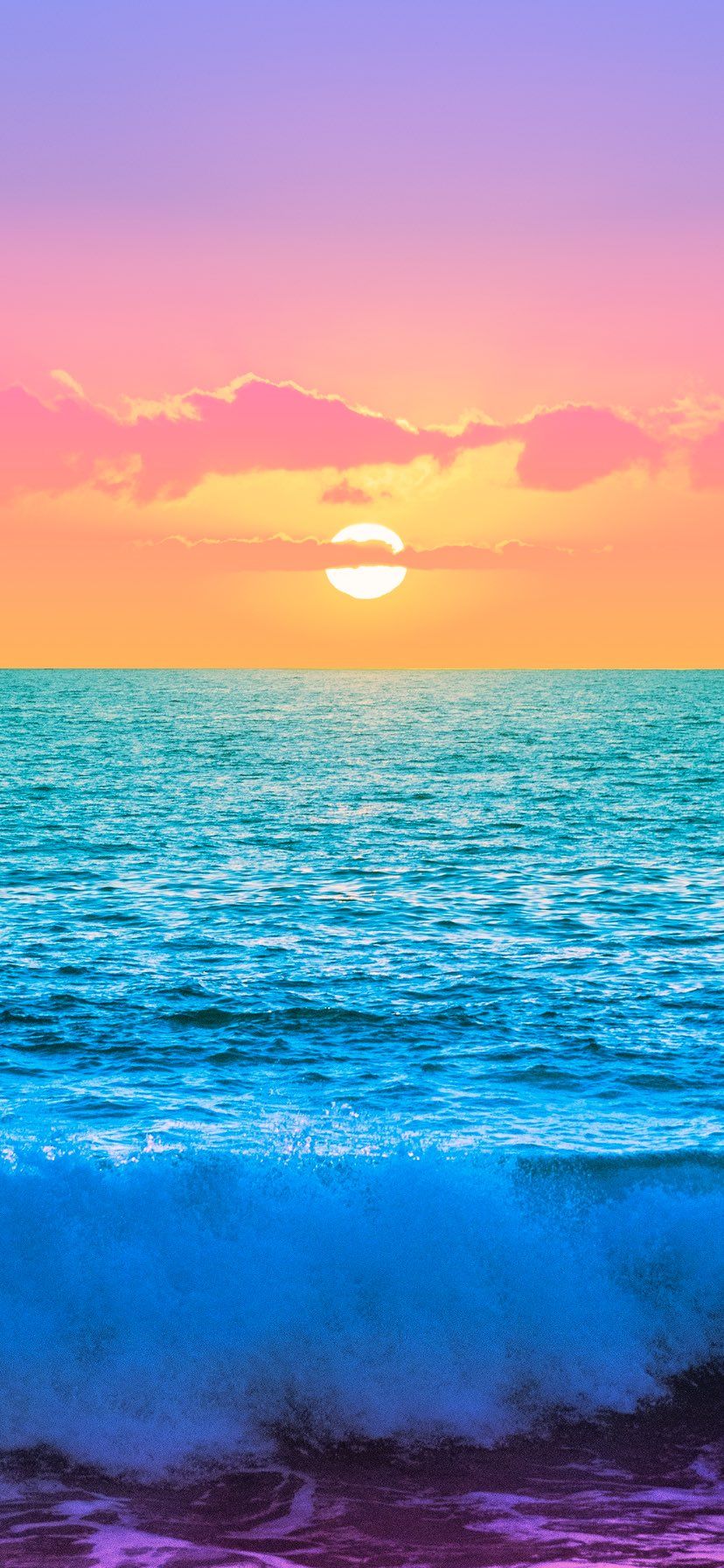 Sonnenuntergang, Meer, Welle, Pastellhimmel, Türkis, Hintergrundbild für iPhone und Android