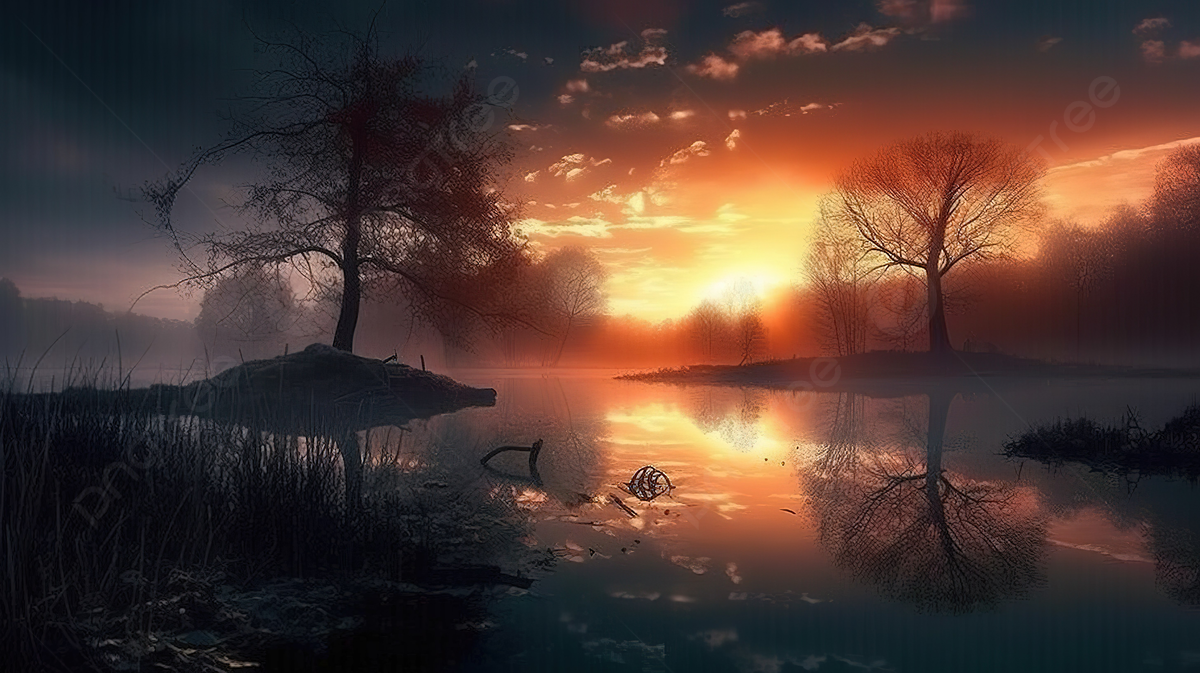 Sonnenuntergang, See, Bäume, Nebel, Spiegelung, Digitale Kunst, Hintergrund