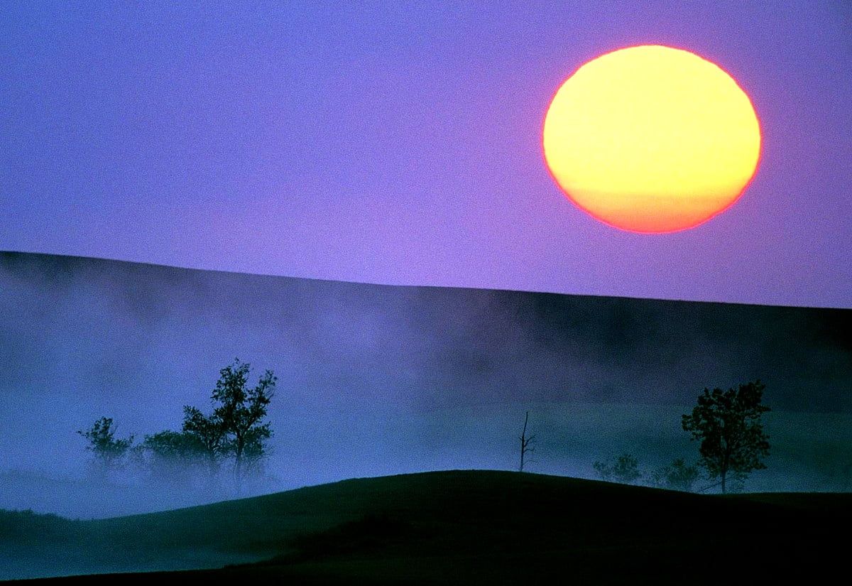 Vollmond, Nebel, Lila Himmel, Hügel, Bäume, Hintergrundbild