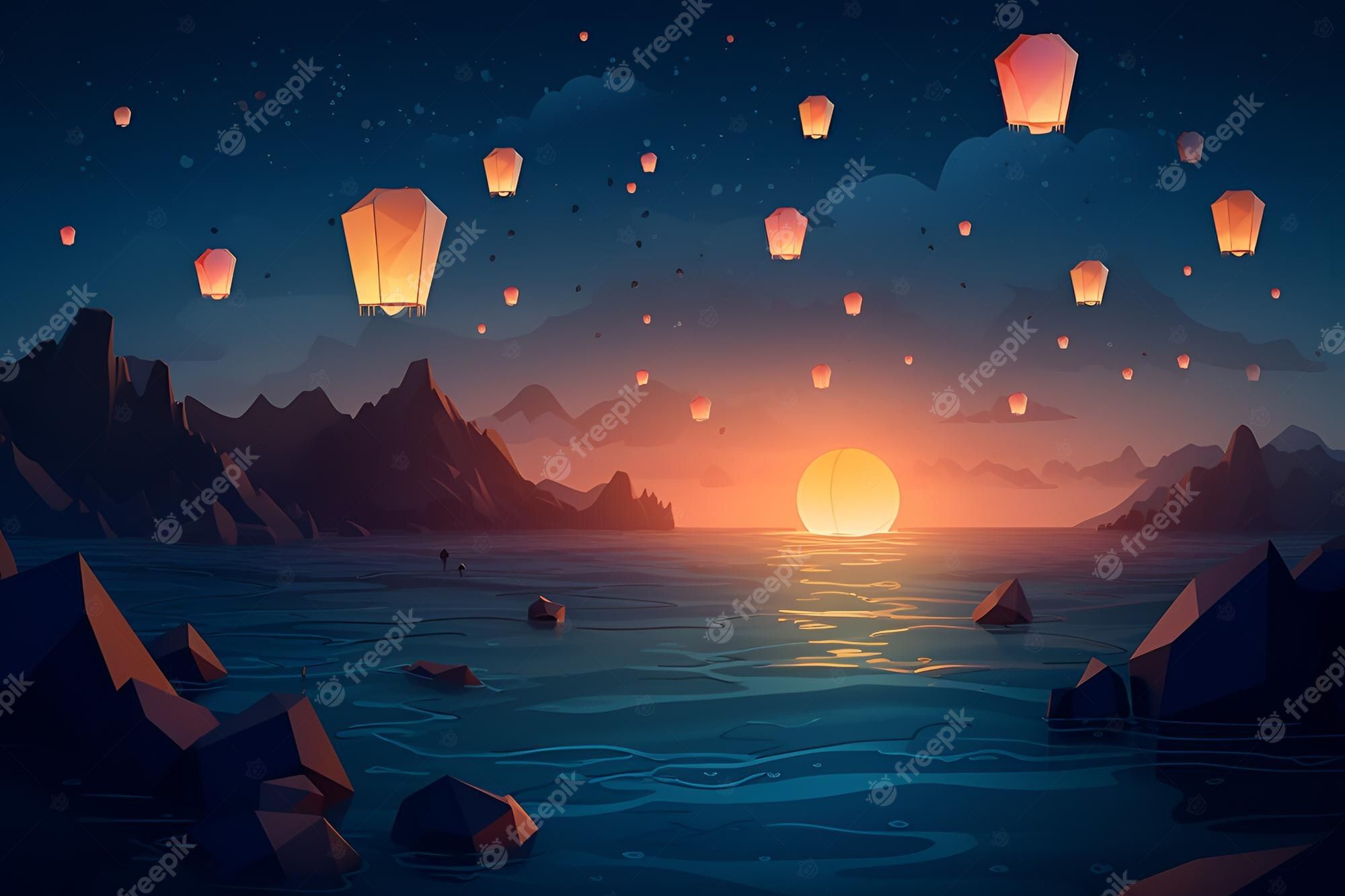 Himmelslaternen, Meer, Sonnenuntergang, Felsen, Illustration, Full-HD-Hintergrundbild für PC