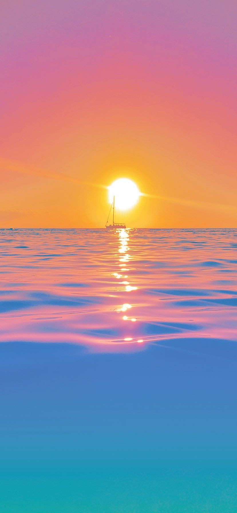 Sonnenuntergang, Meer, Rosa Himmel, Türkis, Farbverlauf, HD, Handy-Hintergrund