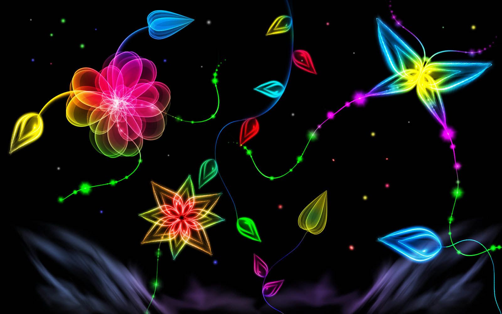 Leuchtende Blumen, Ranken, Bunt, Schwarzer Hintergrund, Fantasy, HD Wallpaper