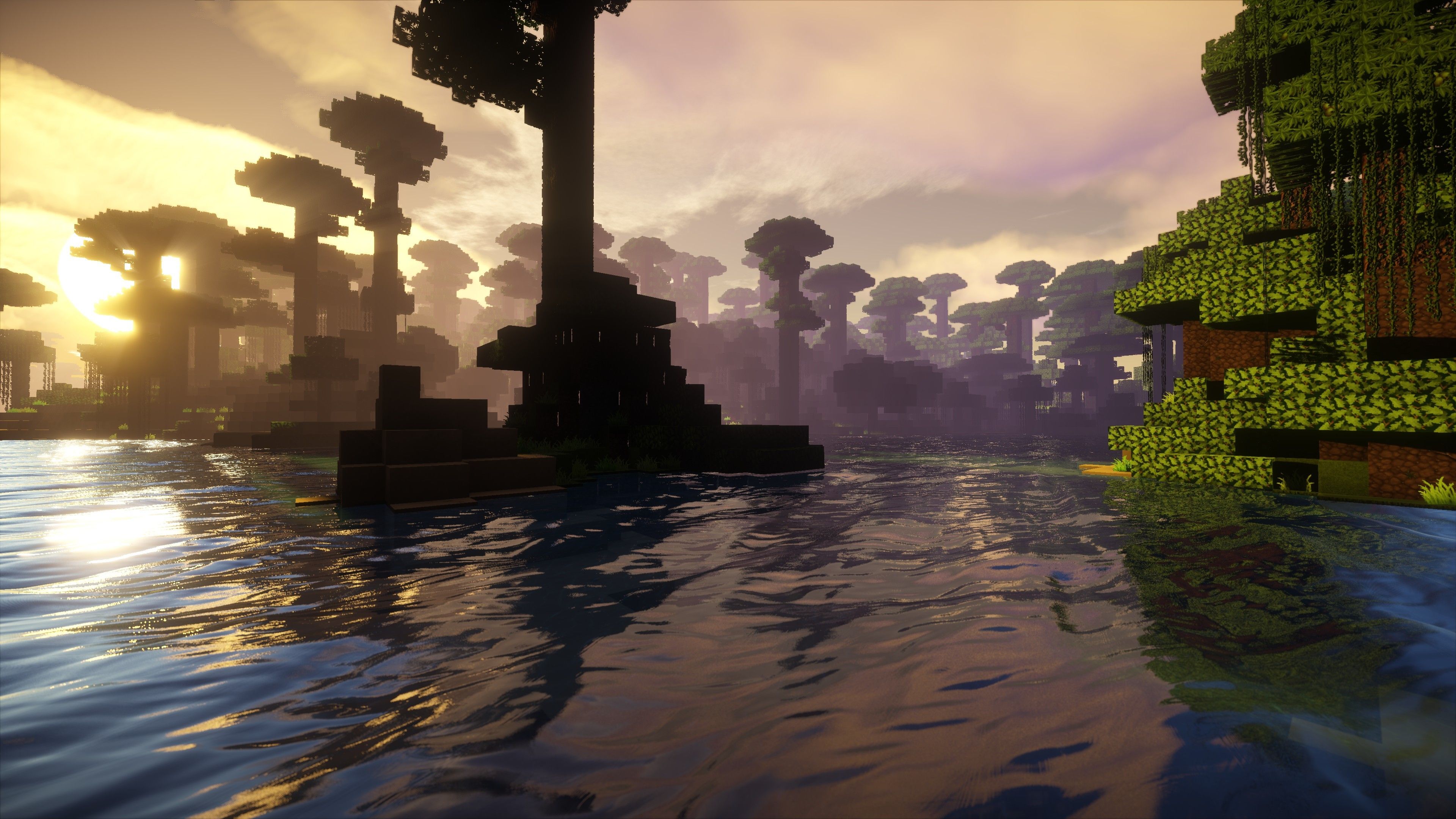 Minecraft, Shader, Dschungel, Fluss, Sonnenuntergang, 16:9, 4K-Hintergrundbild für den Desktop