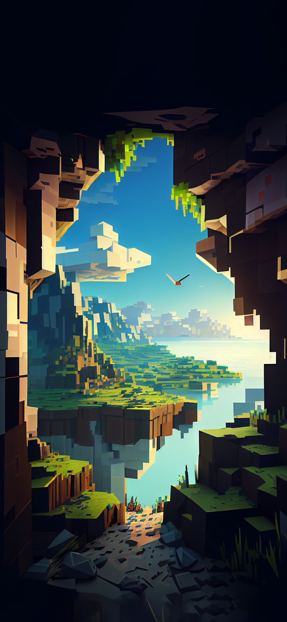 Minecraft, Schwebende Insel, Höhle, Wasserfall, Blau, Full HD, Hintergrundbild fürs Handy