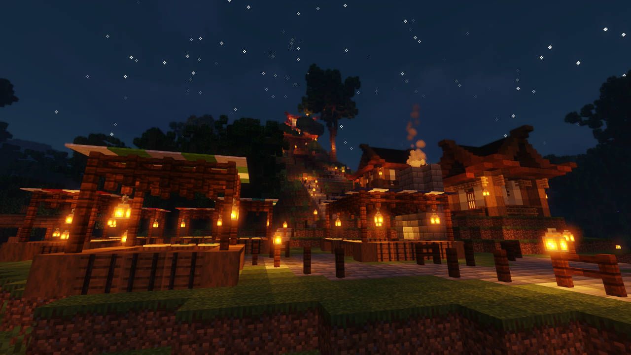 Minecraft, Dorf, Nacht, Laternen, Sternenhimmel, HD, Desktop-Hintergrund für Windows