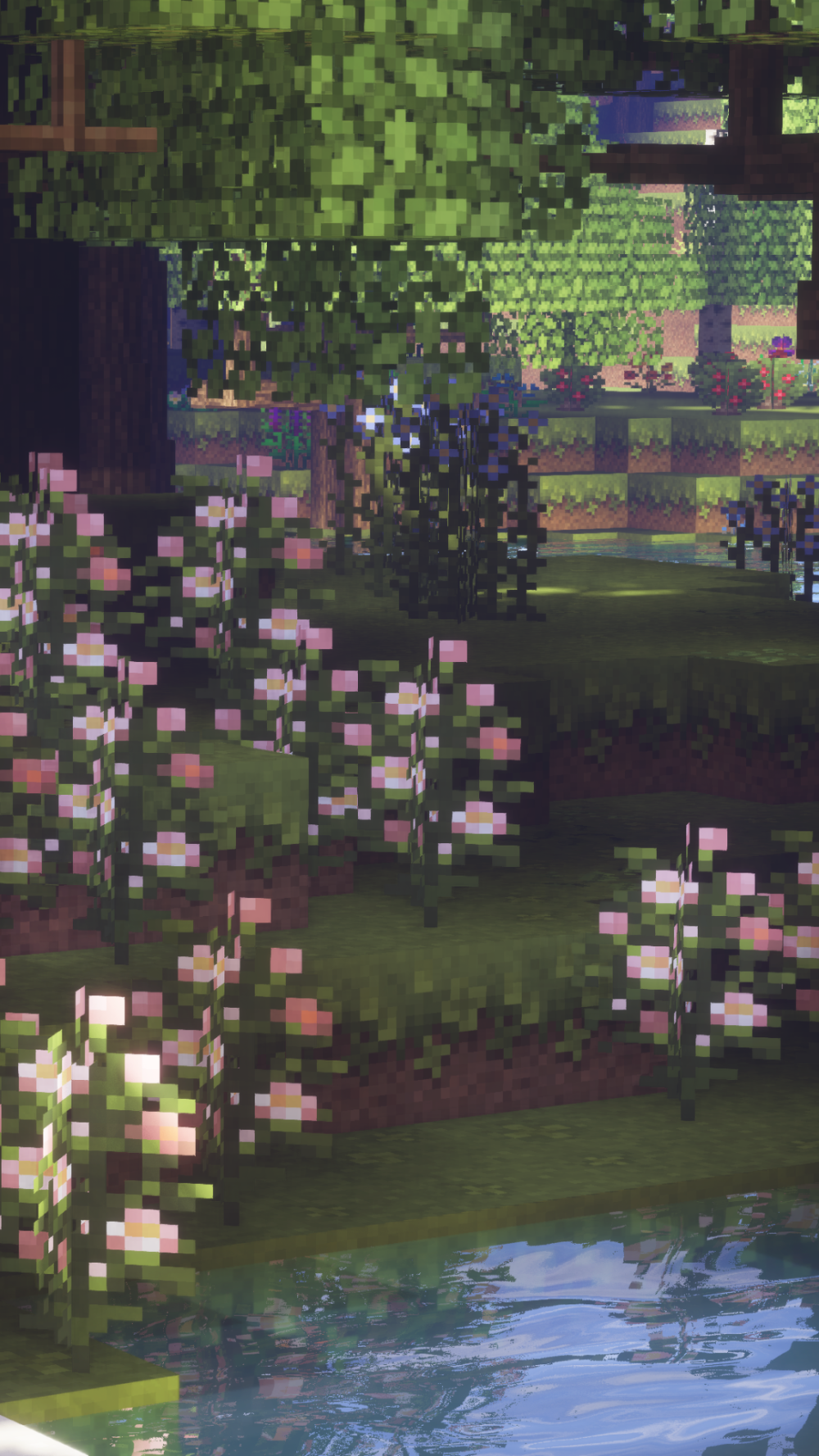 Minecraft, Wald, Blumen, Wasser, Shader, Hochformat, Hintergrundbild fürs Smartphone