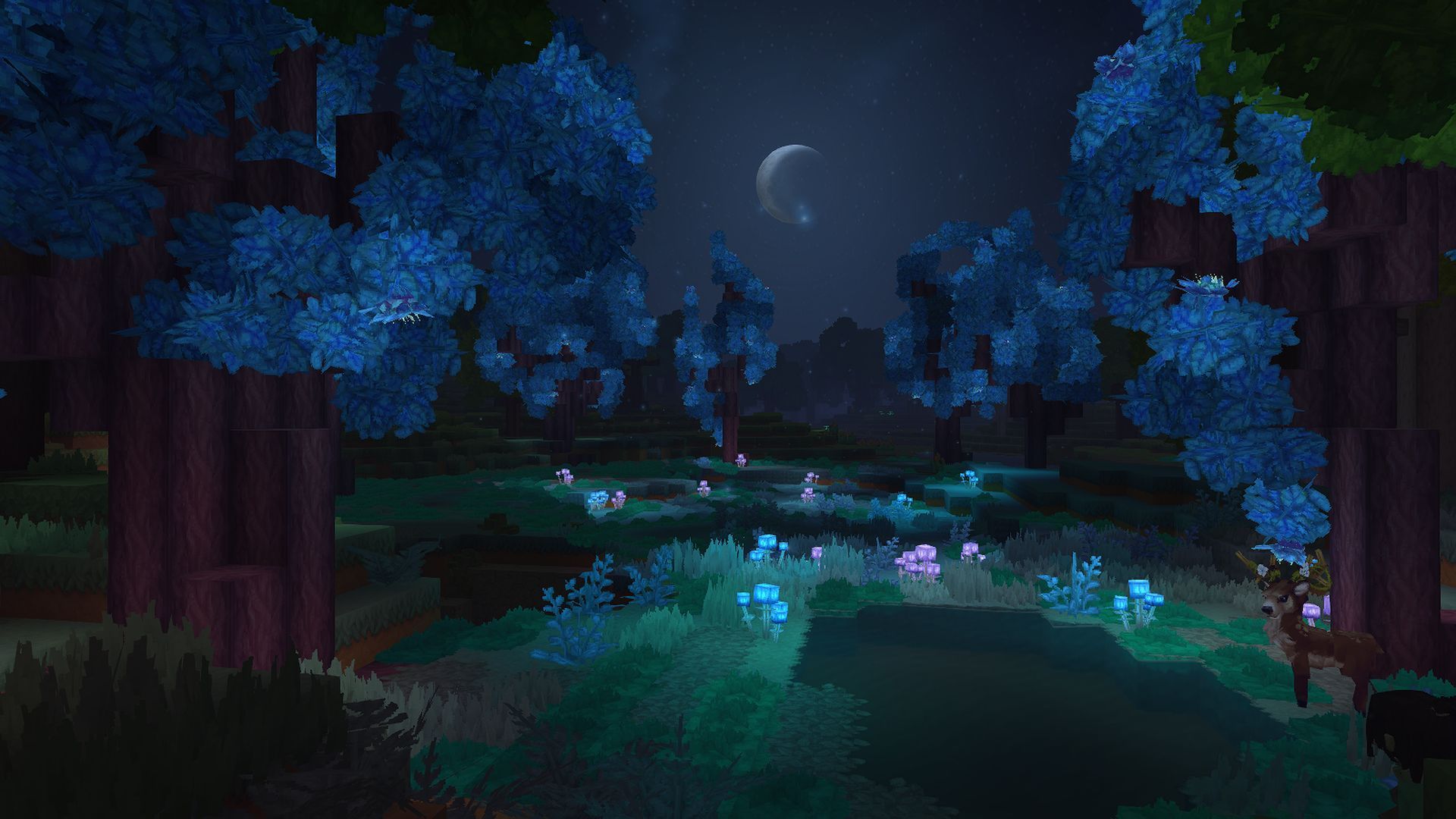 Minecraft, Wald, Nacht, Mond, Blaue Blätter, Leuchtend, 16:9, Full-HD-Hintergrundbild für den Desktop
