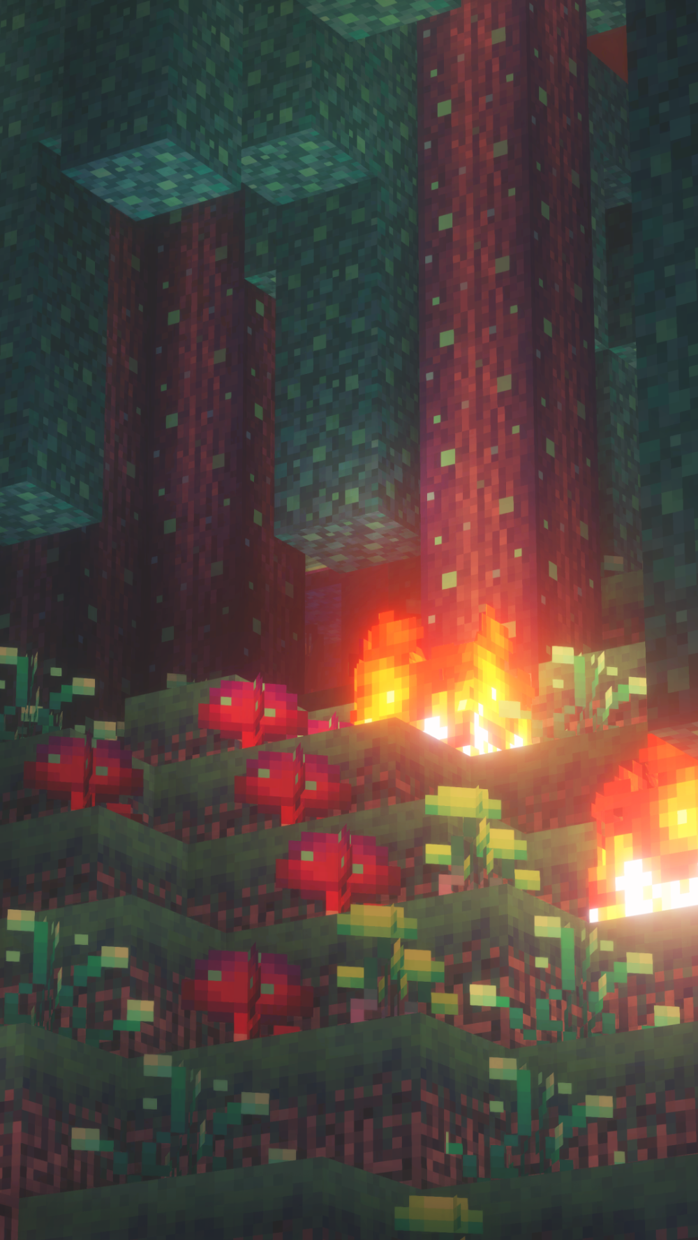 Minecraft, Wald, Rote Blumen, Lagerfeuer, Dunkel, HD, Hintergrundbild fürs Handy