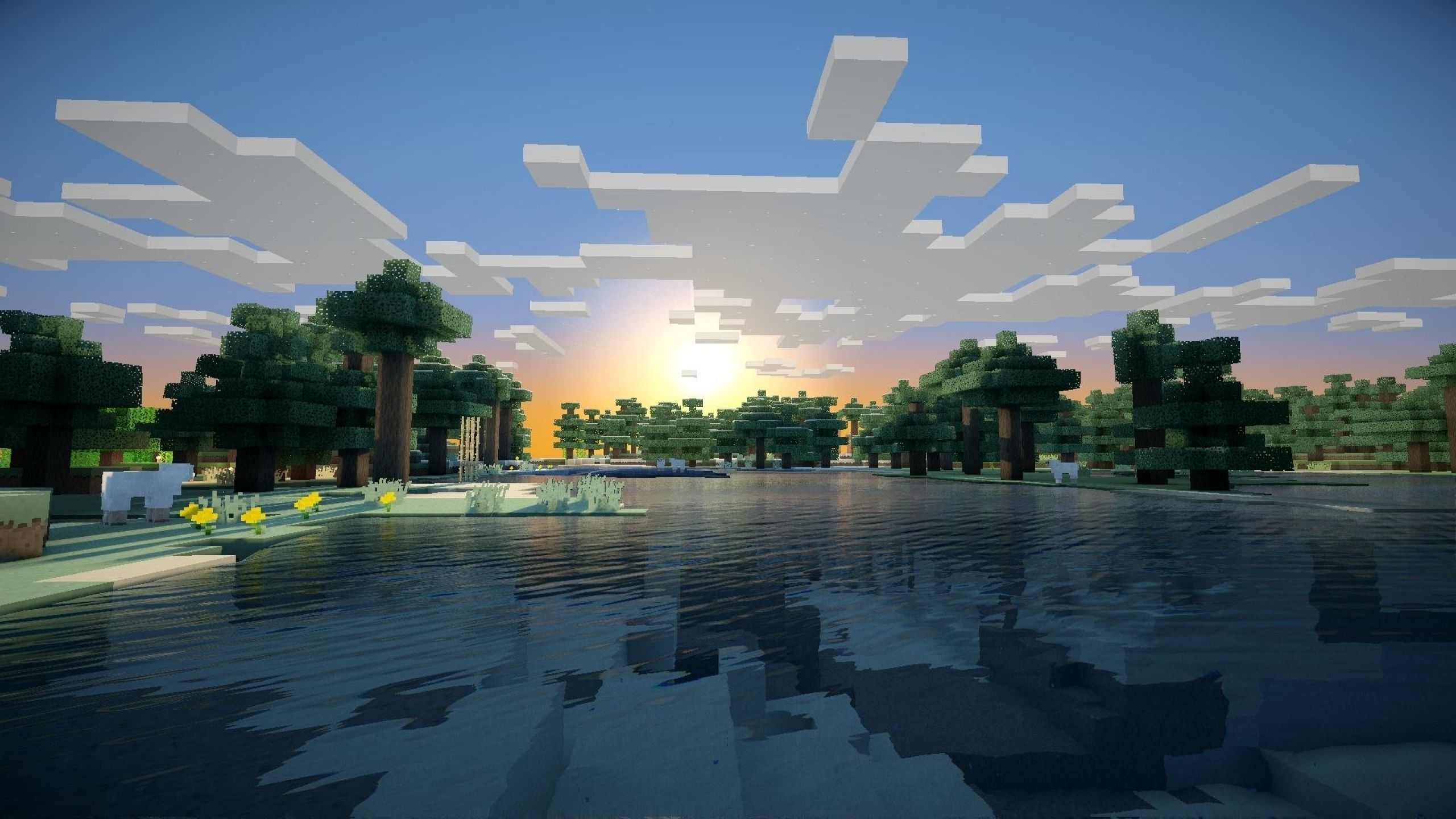 Minecraft, See, Sonnenuntergang, Wolken, Shader, 2560x1440, 2K-Hintergrundbild für PC