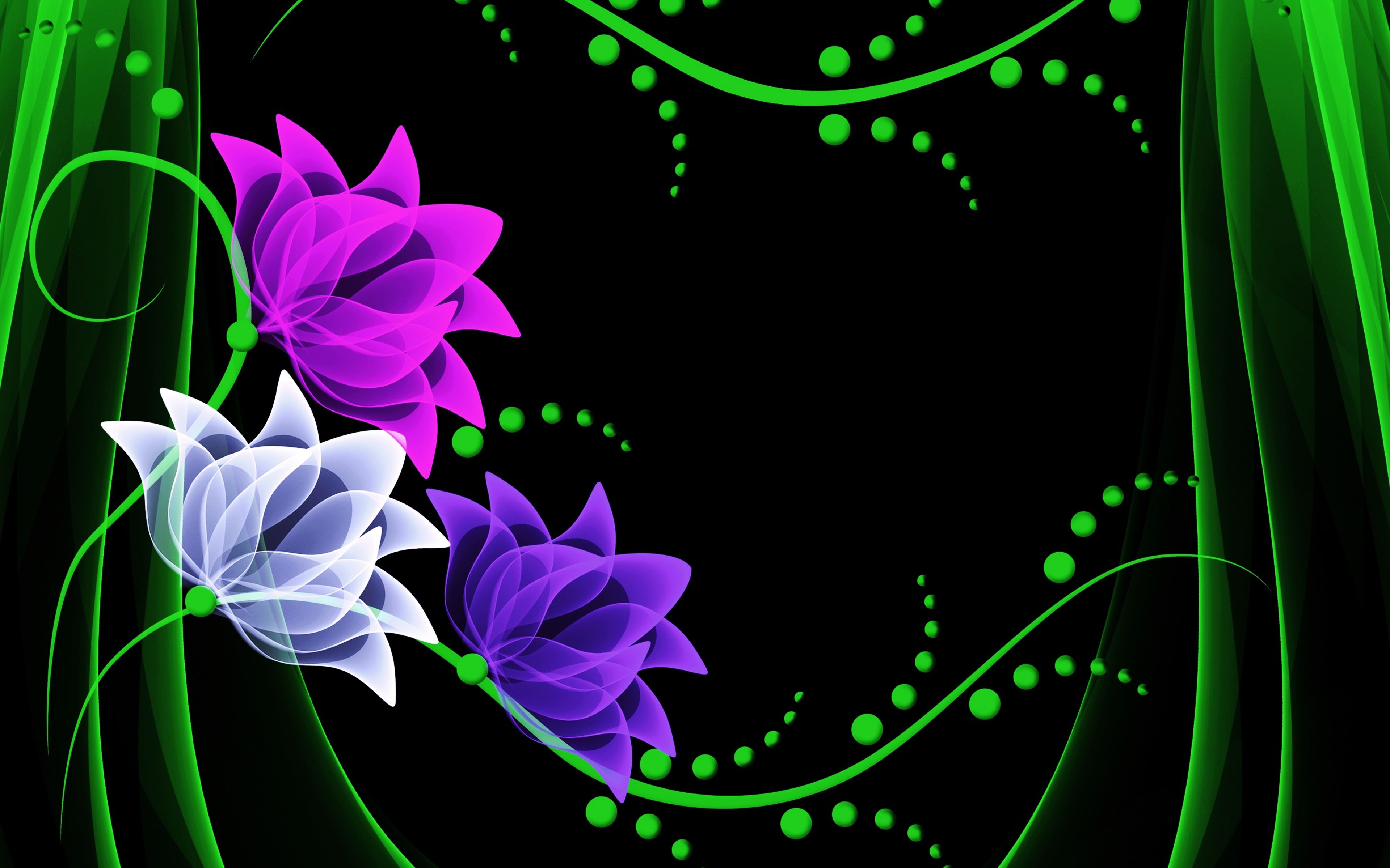Lotusblüten, Lila, Grün, Ranken, Schwarzer Hintergrund, 4K Wallpaper