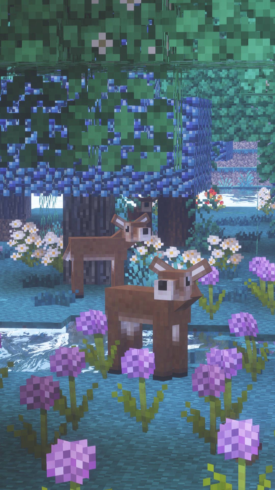 Minecraft, Hirsch, Wald, Blumen, Fluss, Hintergrundbild für iPhone und Android