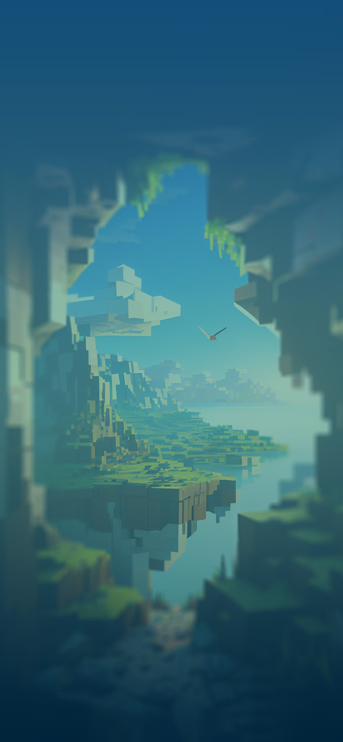 Minecraft, Schwebende Insel, Höhle, Blau, Wasserfall, Full HD, Handy-Hintergrund im Hochformat