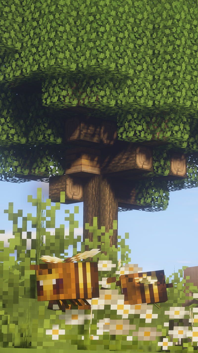 Minecraft, Bienen, Baum, Wiese, Blauer Himmel, HD, Handy-Hintergrund im Hochformat
