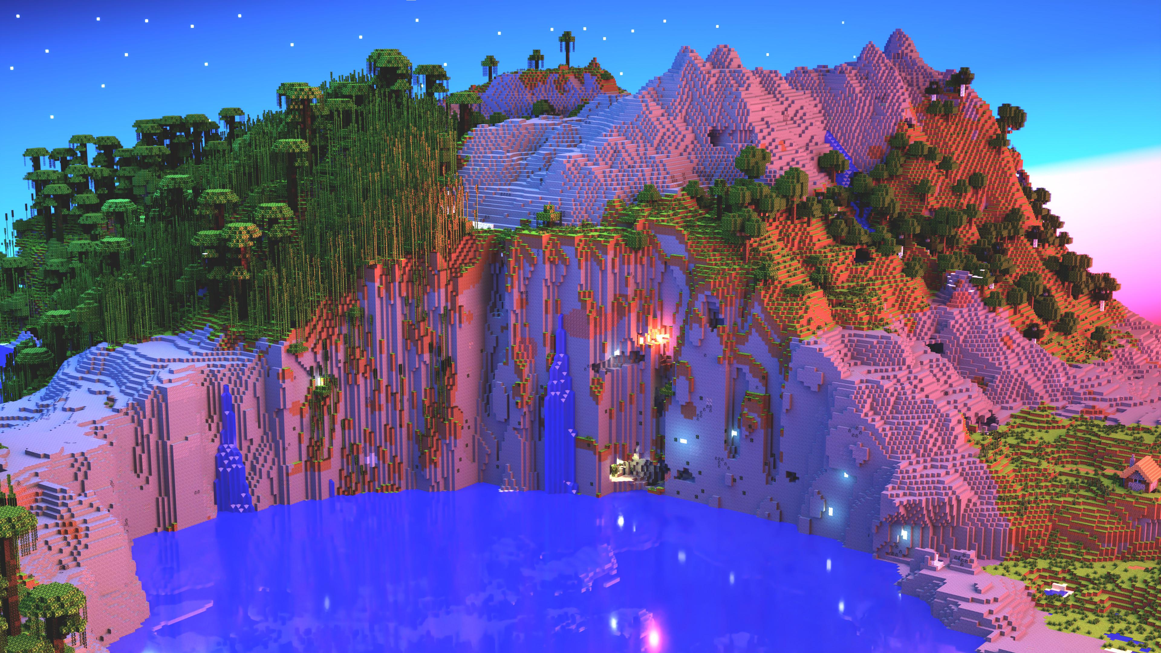 Minecraft, Berge, Wasserfall, See, Leuchtend, 3840x2160, 4K-Hintergrundbild für PC