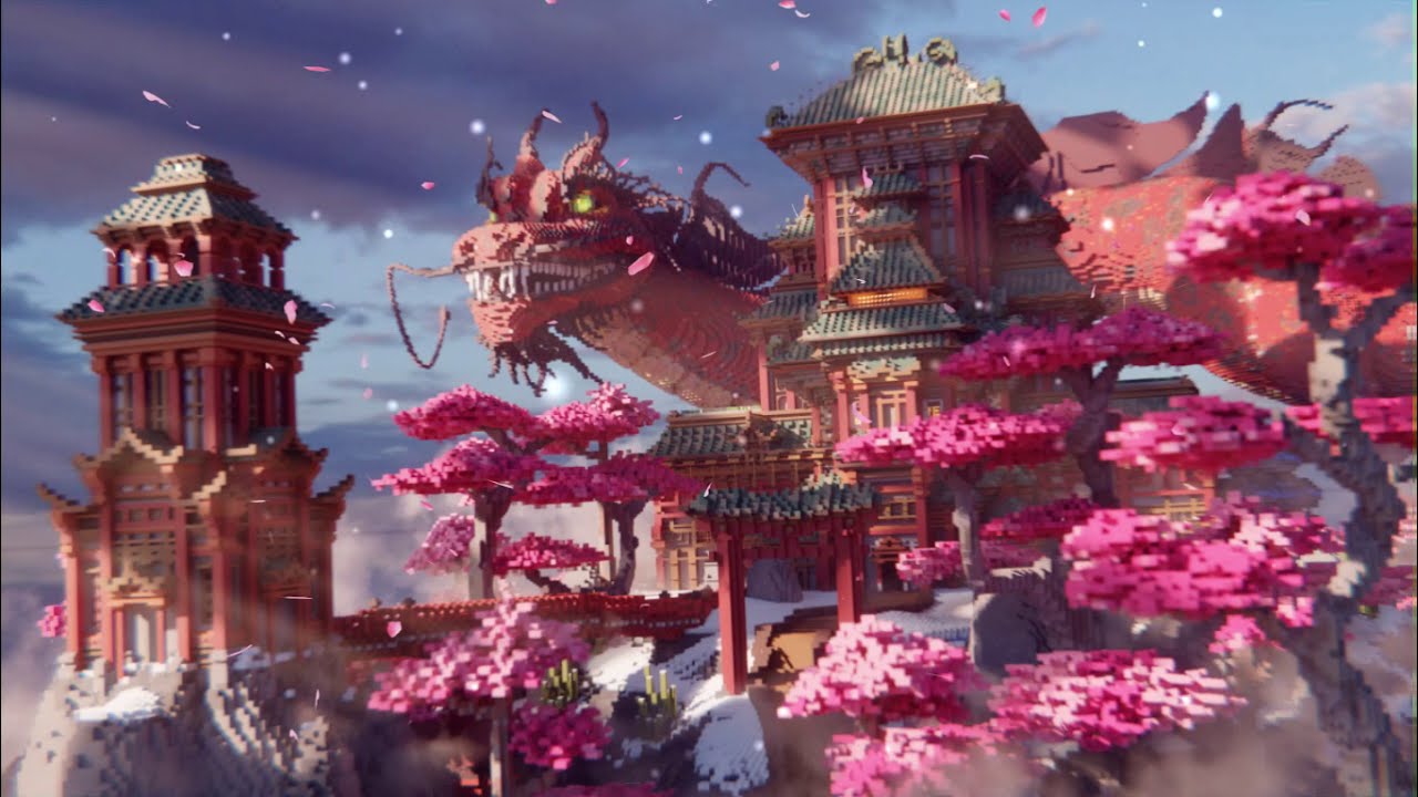 Minecraft, Drache, Pagode, Kirschblüten, Asiatische Architektur, Rosa, HD-Hintergrundbild für PC