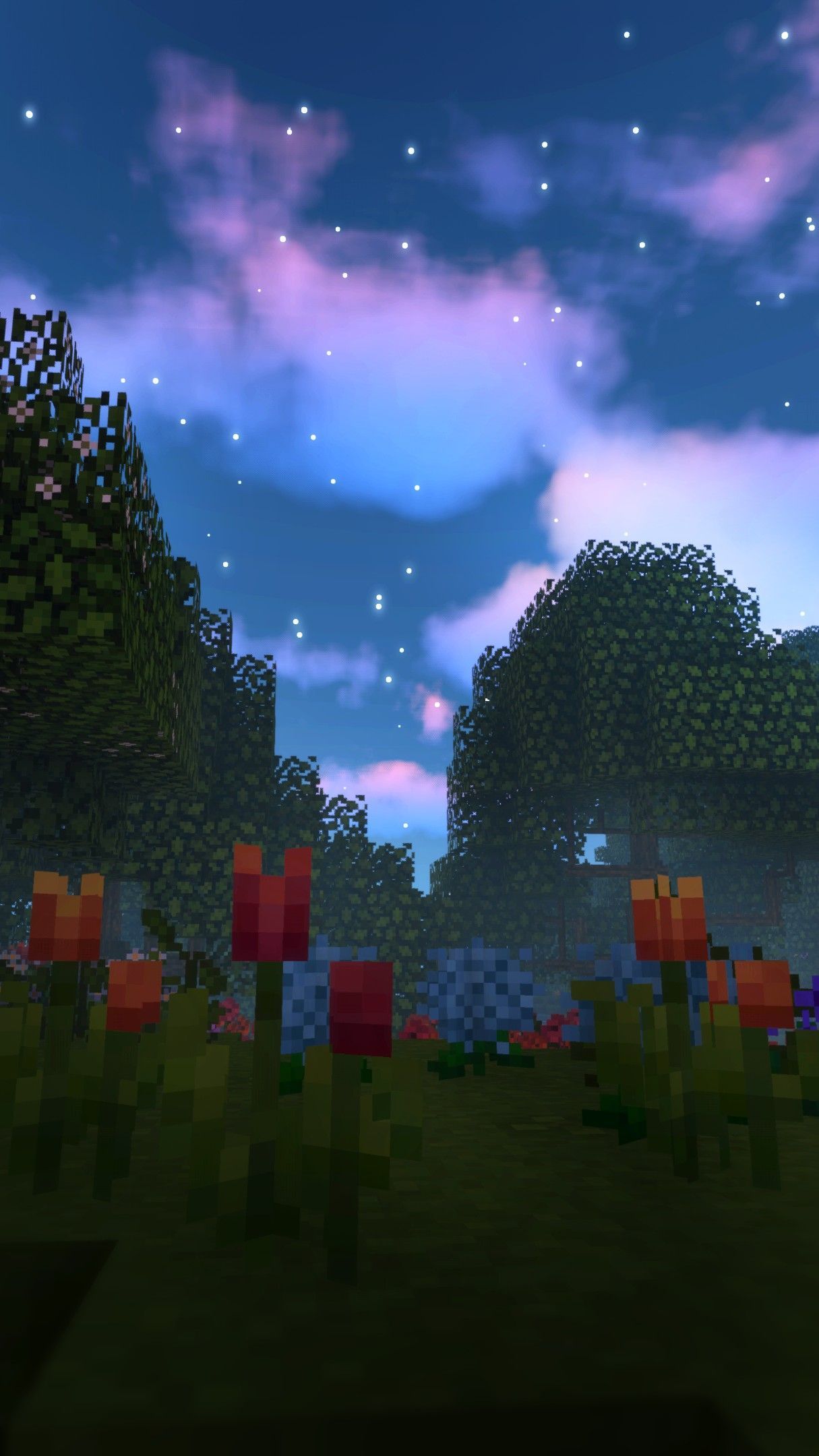 Minecraft, Wald, Rote Tulpen, Wolken, Himmel, Full HD, Handy-Hintergrund im Hochformat