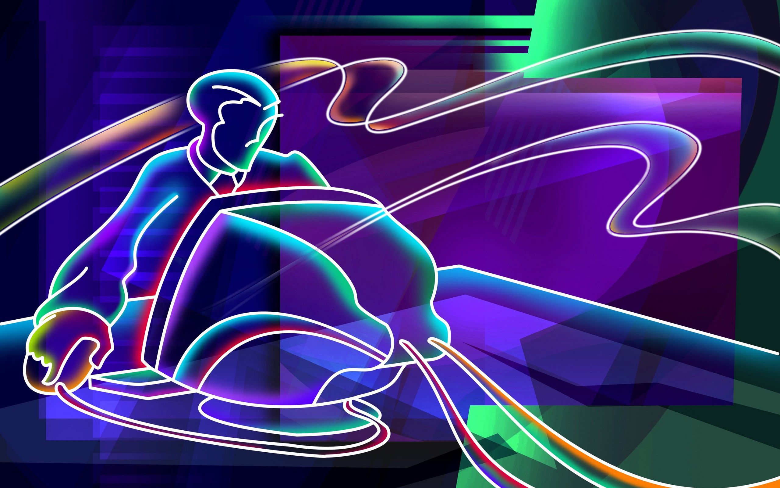 Rollerfahrer, Neonlinien, Lila, Bunt, Illustration, 2K, Hintergrundbild für den PC