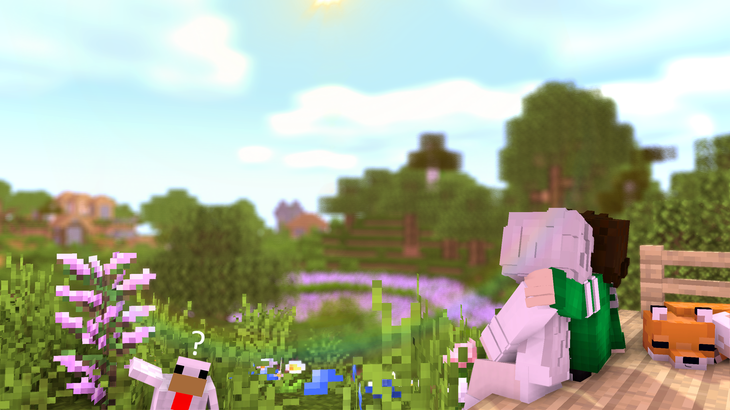 Minecraft, Picknick, Katze, Wiese, Blumen, 3D-Render, 16:9, 2K-Hintergrundbild für den Desktop