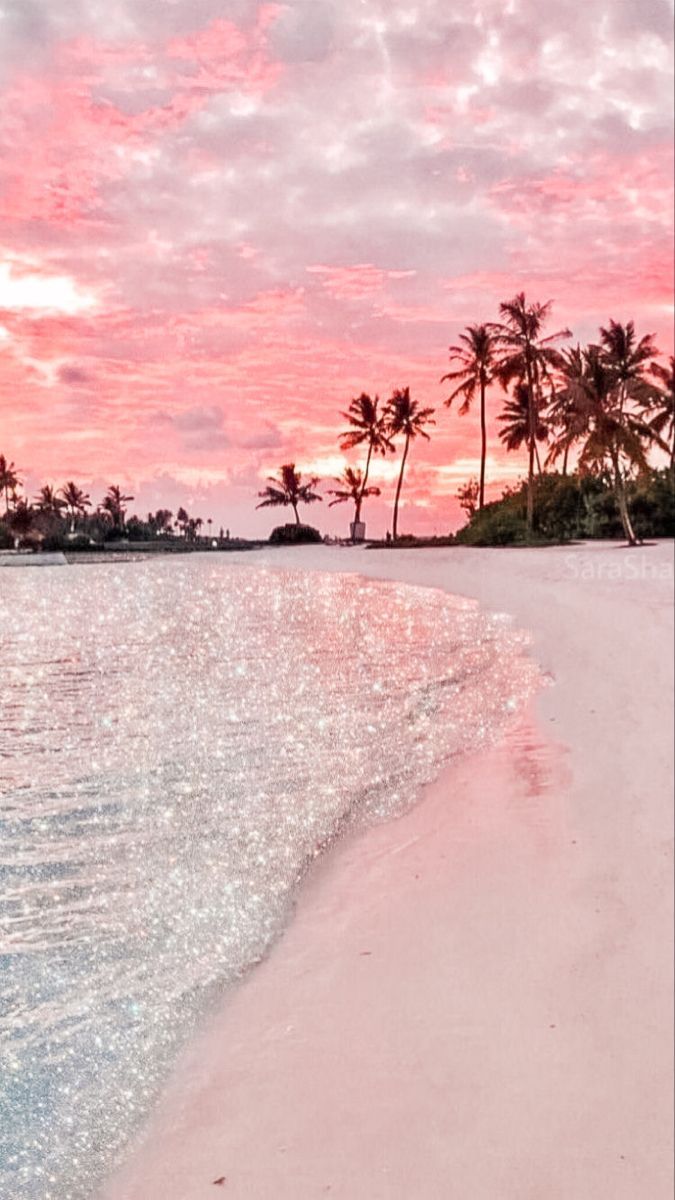 Strand, Palmen, Rosa Himmel, Glitzer, Tropen, Hintergrundbild für iPhone und Android