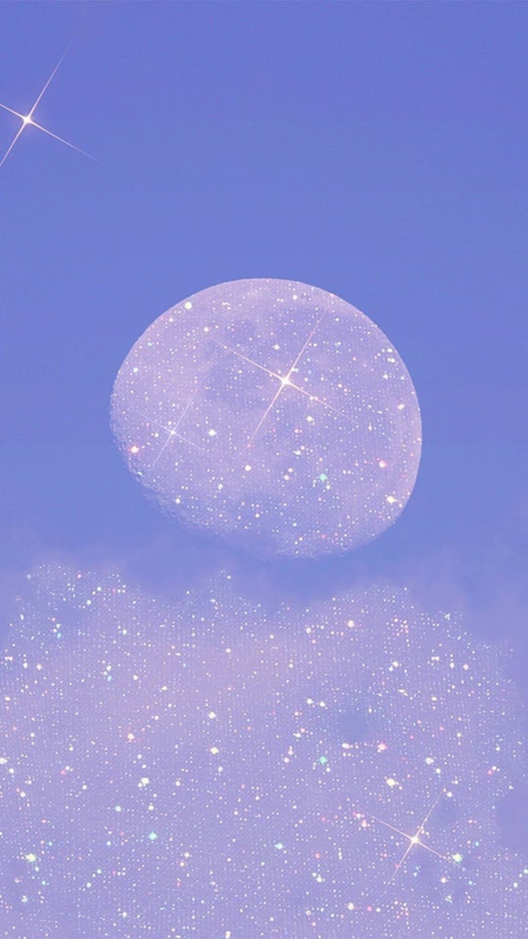 Mond, Wolken, Lila Himmel, Glitzer, Pastell, Full HD, Hintergrundbild fürs Handy