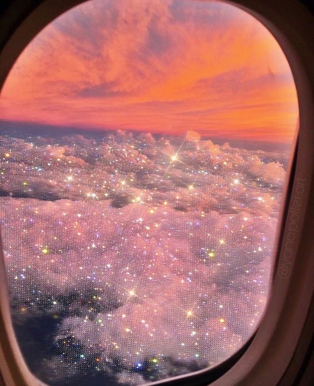 Flugzeugfenster, Wolken, Sonnenuntergang, Glitzer, Rosa Himmel, Hintergrundbild fürs Tablet
