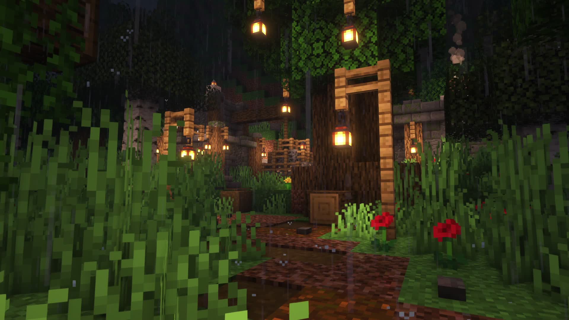 Minecraft, Wald, Laternen, Weg, Nacht, Full HD, Desktop-Hintergrund für Windows