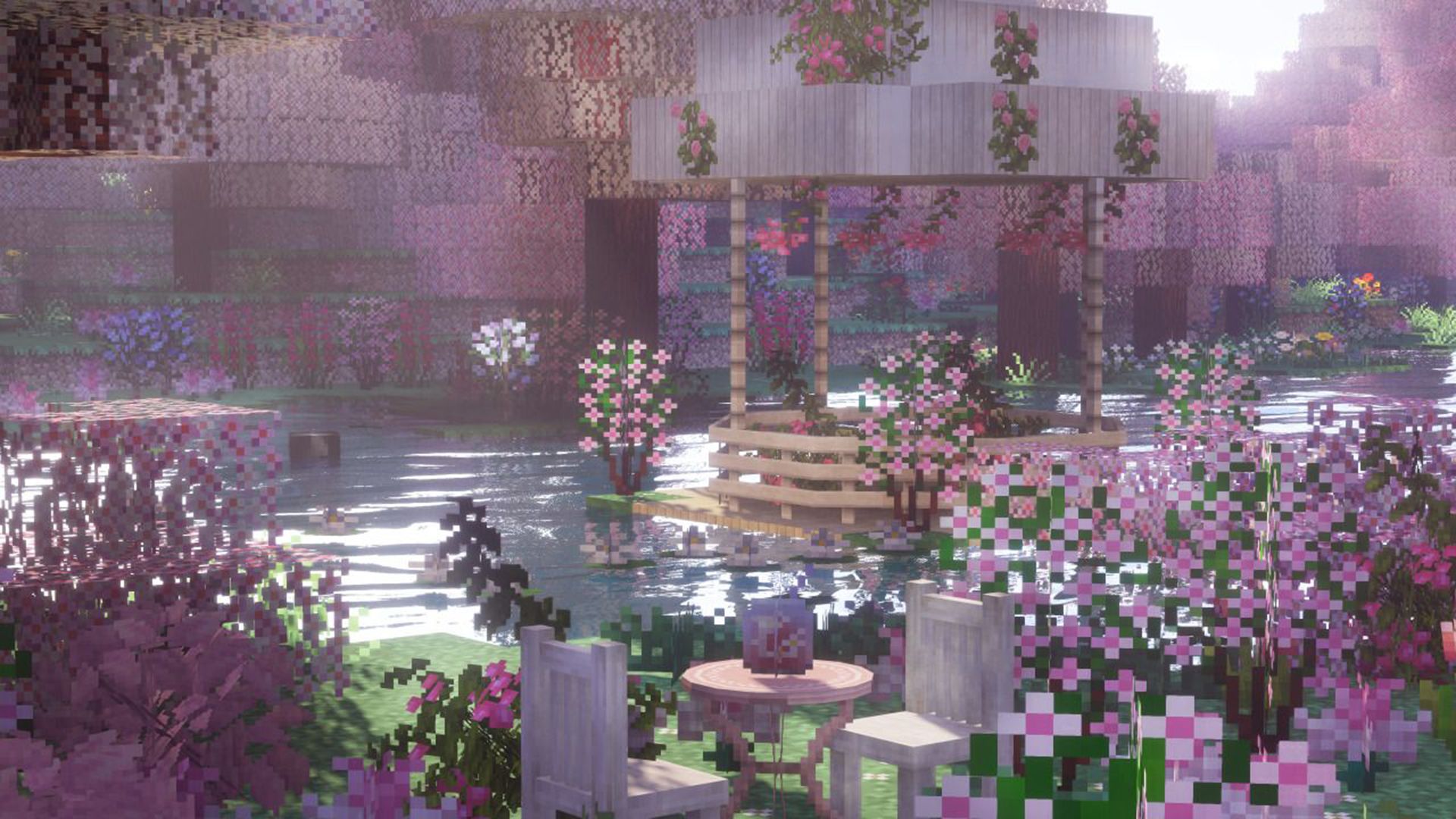 Minecraft, Kirschblüten, Teich, Rosa, Shader, Full HD 1080p, Desktop-Hintergrundbild