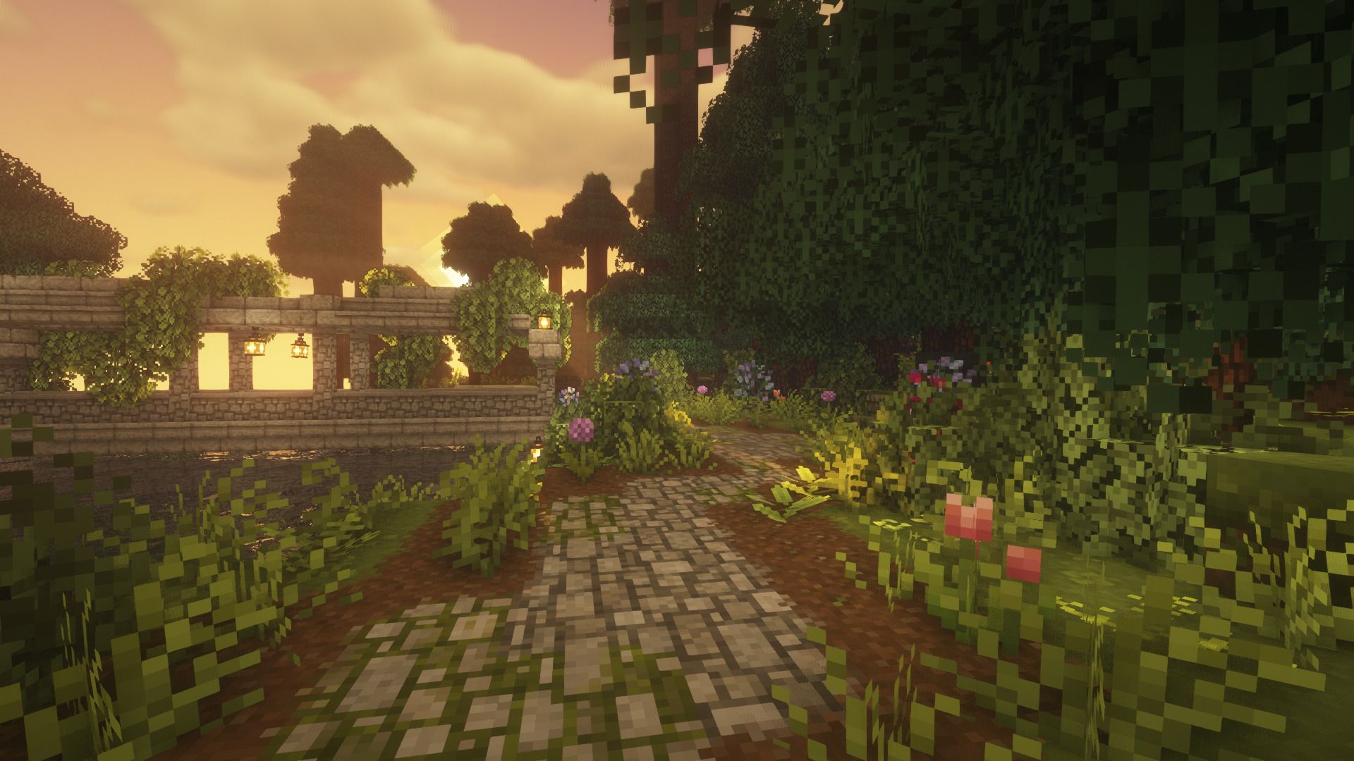 Minecraft, Weg, Garten, Sonnenuntergang, Shader, 16:9, Full-HD-Hintergrundbild für den Desktop