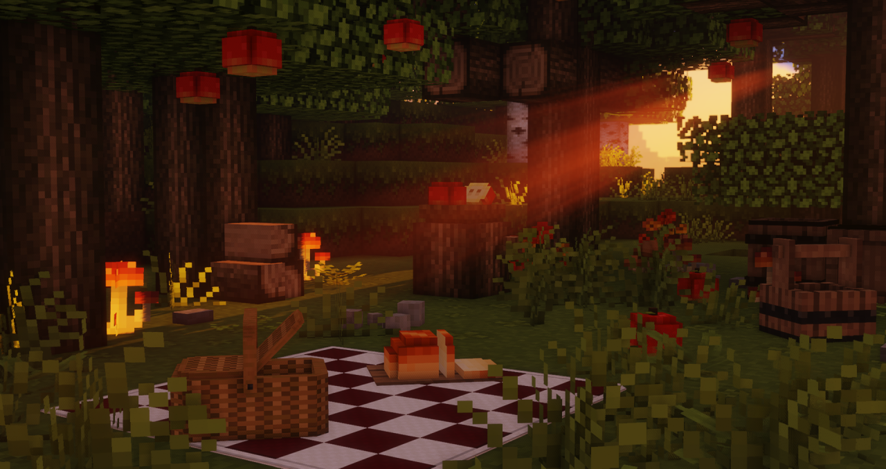 Minecraft, Picknick, Wald, Sonnenstrahlen, Laterne, HD, Hintergrundbild für den PC