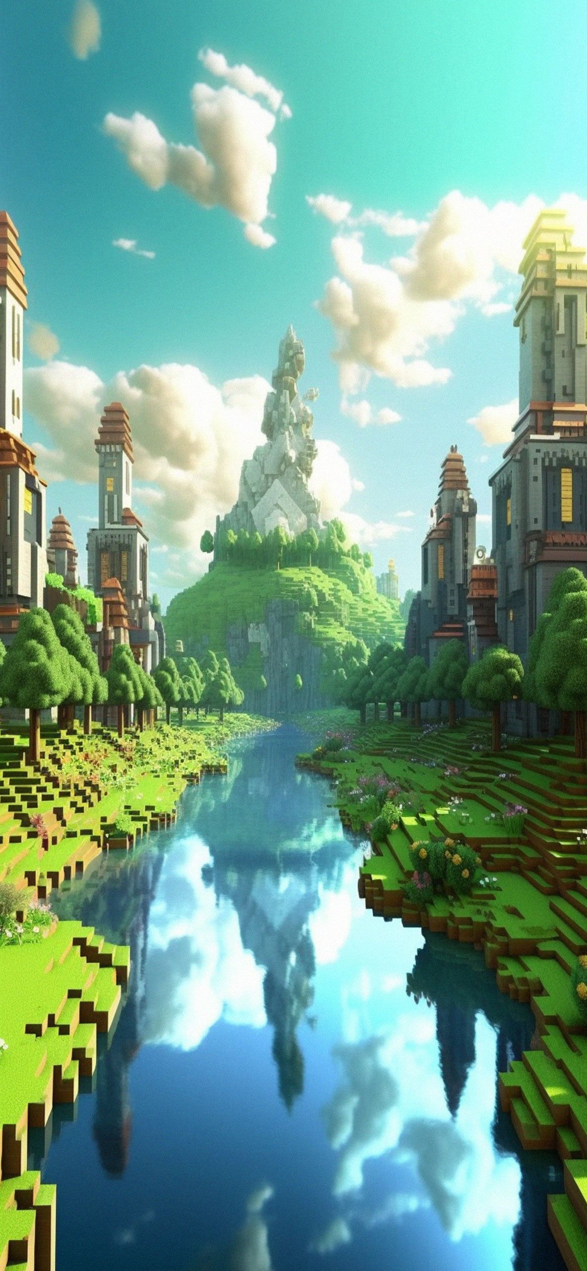 Minecraft, Fluss, Wolken, Spiegelung, Landschaft, Full HD, Hintergrundbild fürs Handy