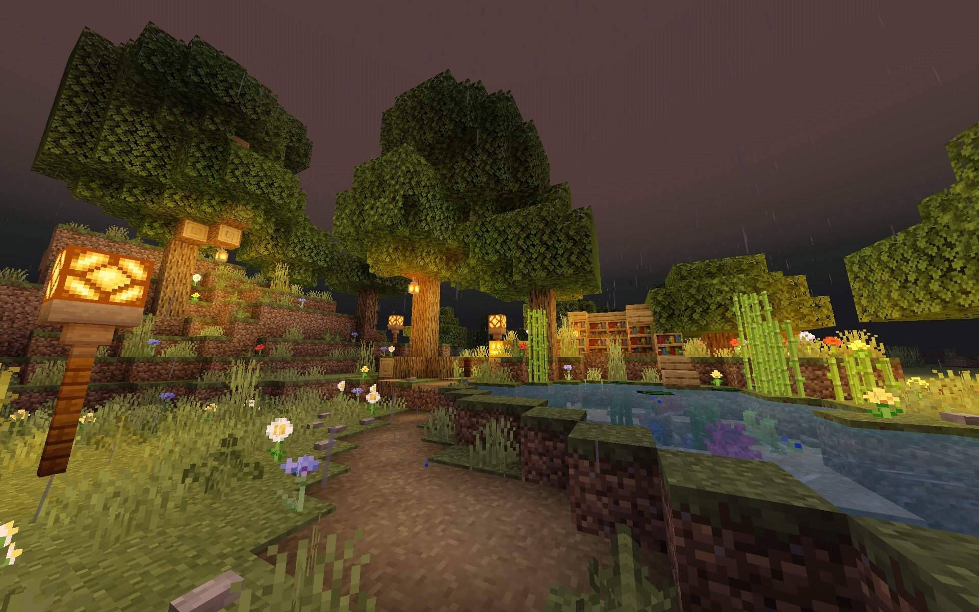 Minecraft, Dorf, Laternen, Weg, Abend, 16:10, Full-HD-Hintergrundbild für den Desktop