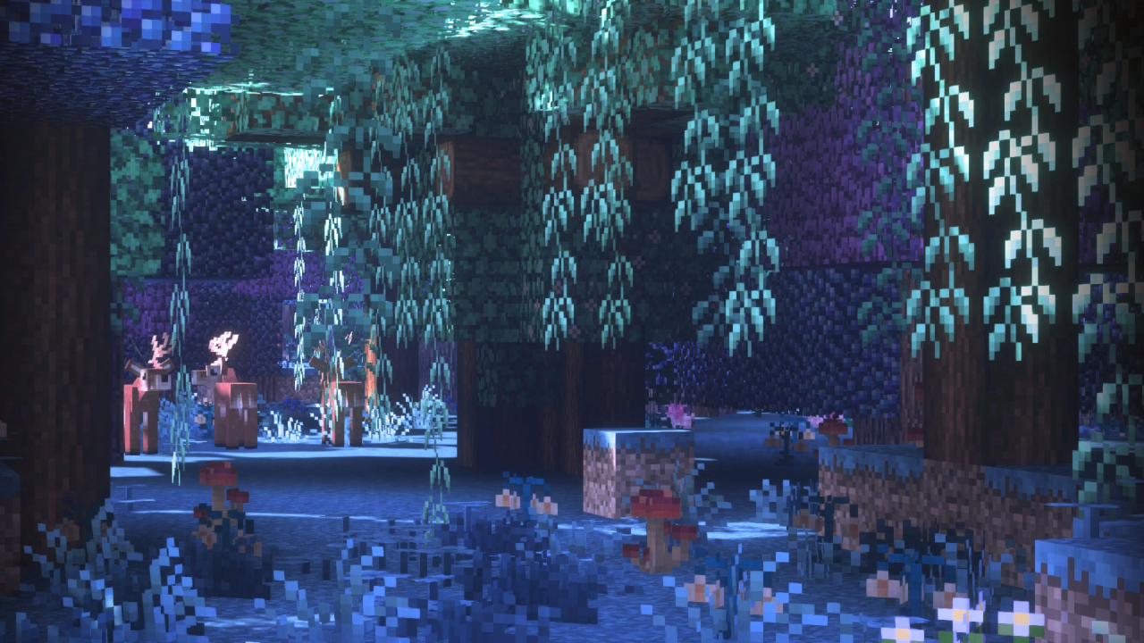 Minecraft, Üppige Höhle, Leuchtbeeren, Lianen, Blau, 16:9, HD-Hintergrundbild für den Desktop
