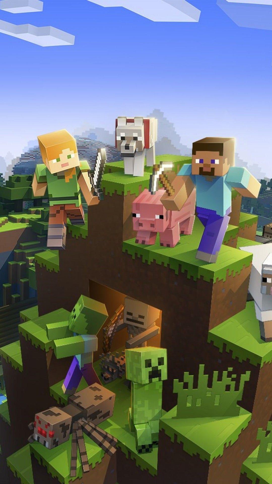 Minecraft, Steve, Alex, Creeper, Schwein, Blauer Himmel, Full HD, iPhone-Hintergrundbild