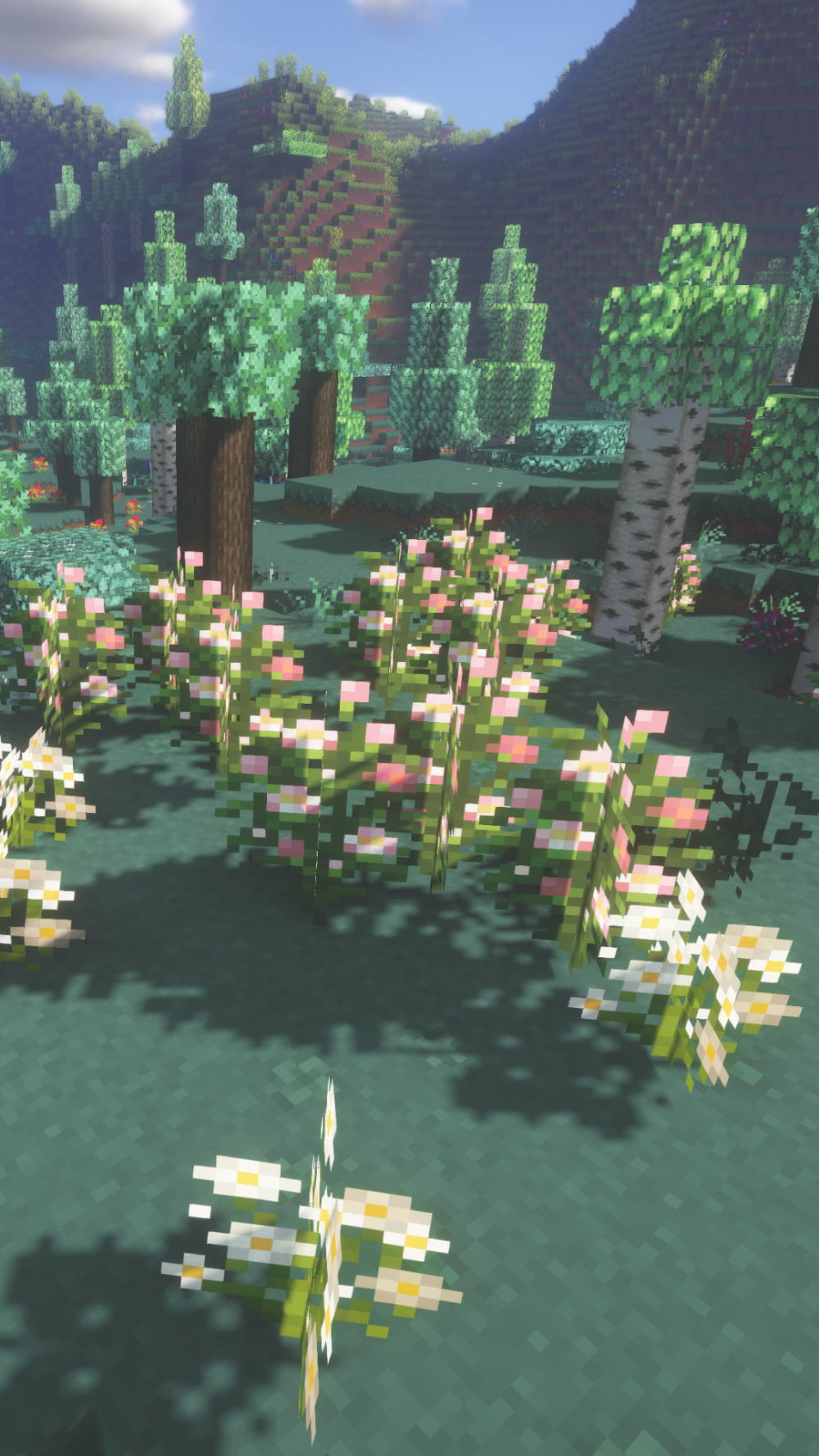 Minecraft, Wald, Blumen, Rosenbüsche, Grün, HD, Handy-Hintergrund im Hochformat