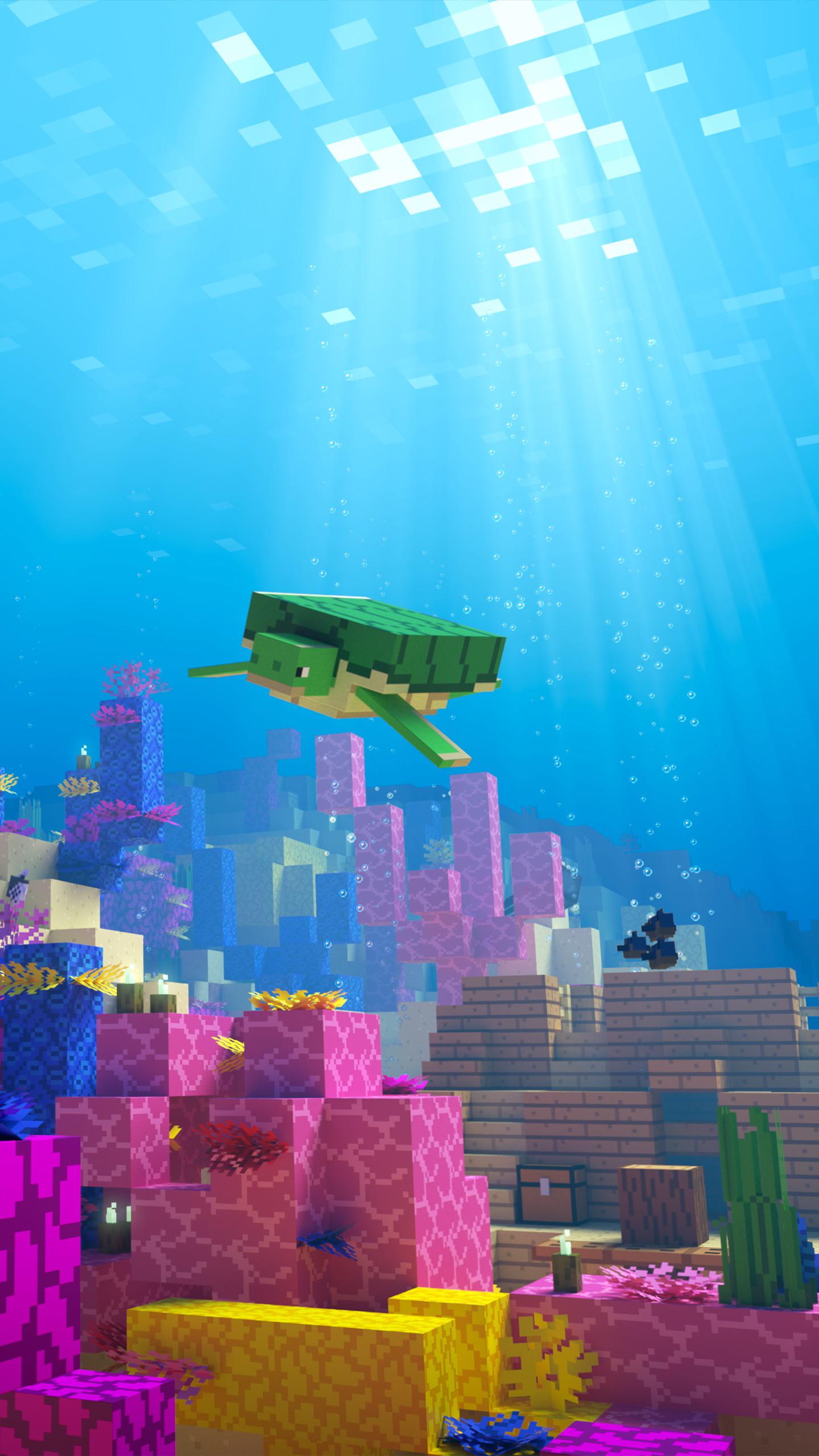 Minecraft, Unterwasser, Korallenriff, Schildkröte, Blau, Android-Hintergrundbild