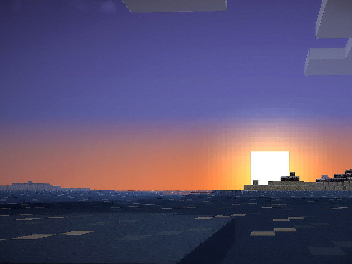 Minecraft, Sonnenuntergang, Meer, Horizont, Lila, Hintergrundbild für iPad und Tablet