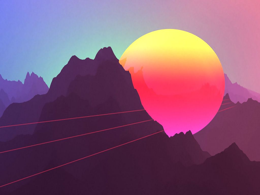 Synthwave, Retrowave, Berge, Sonne, Lila Himmel, Neon, Hintergrundbild für iPad und Tablet