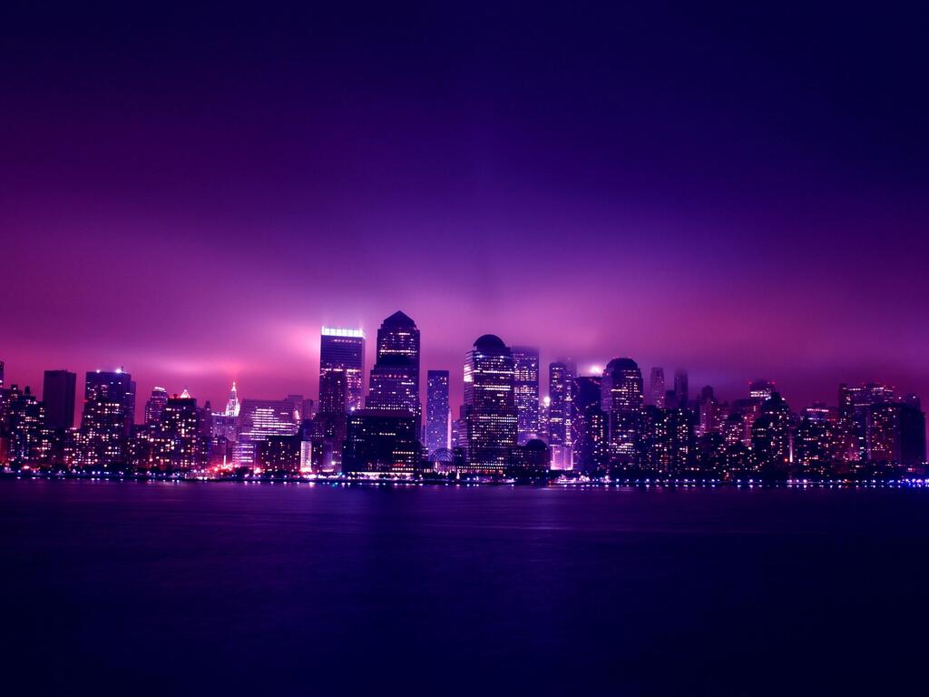 Skyline, Stadt bei Nacht, Lila Licht, Wasser, Wolkenkratzer, Hintergrundbild fürs iPad