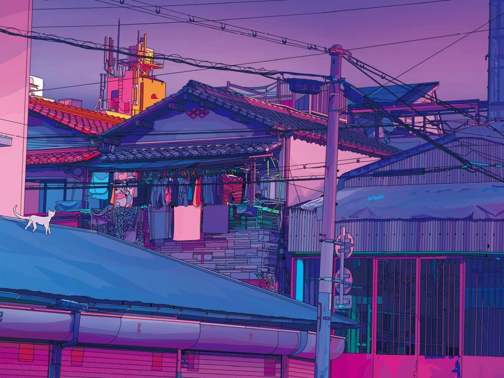 Japanische Straße, Anime-Stil, Strommasten, Häuser, Lila Töne, Hintergrundbild fürs iPad