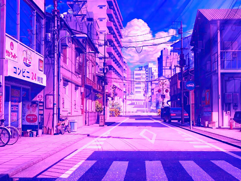 Japanische Straße, Zebrastreifen, Anime-Stil, Stadt, Lila Himmel, Fahrrad, Hintergrundbild fürs Tablet