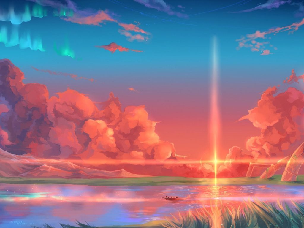 Sonnenuntergang, Wolken, Lichtstrahl, Anime-Stil, Orange Himmel, Hintergrundbild fürs Tablet