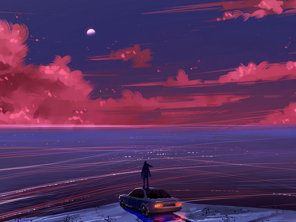 Auto, Person, Meer, Rosa Wolken, Abenddämmerung, Digitale Kunst, Hintergrundbild fürs iPad
