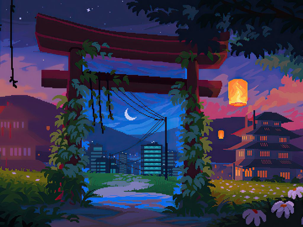 Torii, Pagode, Laternen, Japan, Nacht, Mondsichel, Illustration, Hintergrundbild fürs iPad