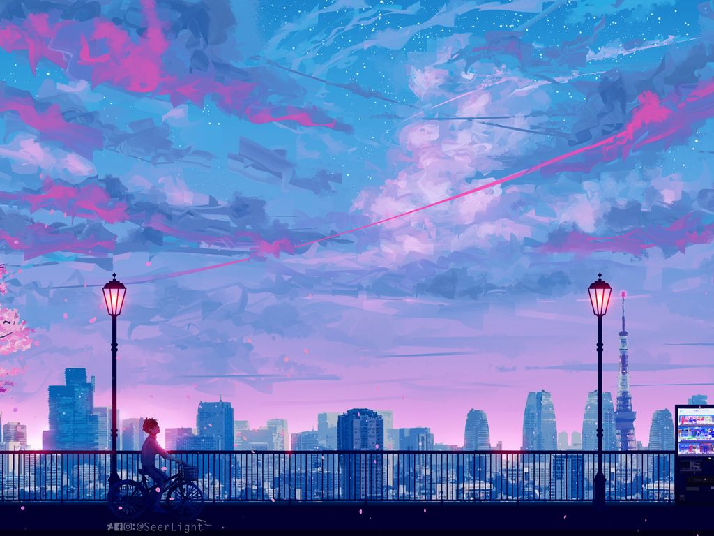 Skyline, Straßenlaternen, Wolken, Blauer Himmel, Anime-Stil, Radfahrer, Hintergrundbild fürs Tablet