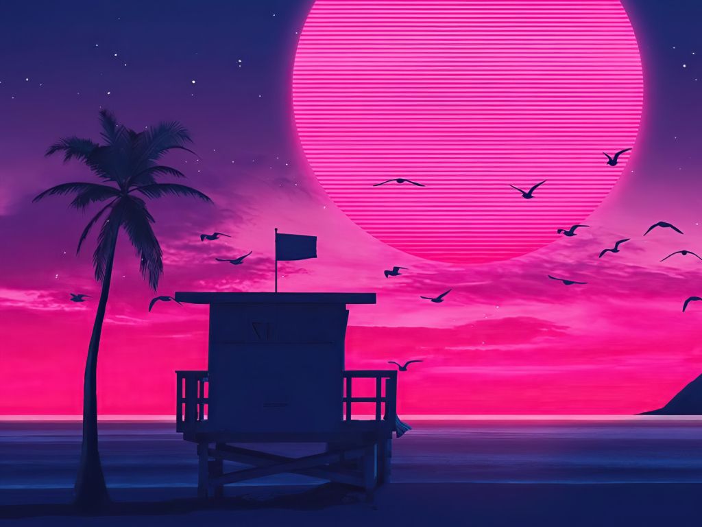Rettungsschwimmerturm, Palme, Strand, Sonne, Retrowave, Pink, Vögel, Hintergrundbild fürs Tablet