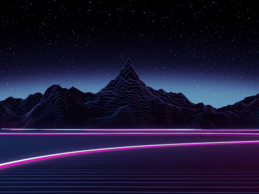Berge, Neonlinien, Sternenhimmel, Synthwave, Dunkel, Hintergrundbild für iPad und Tablet
