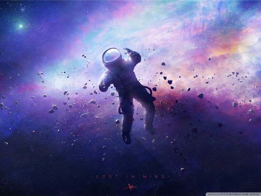 Astronaut, Weltraum, Asteroiden, Nebel, Schwerelosigkeit, Hintergrundbild fürs iPad